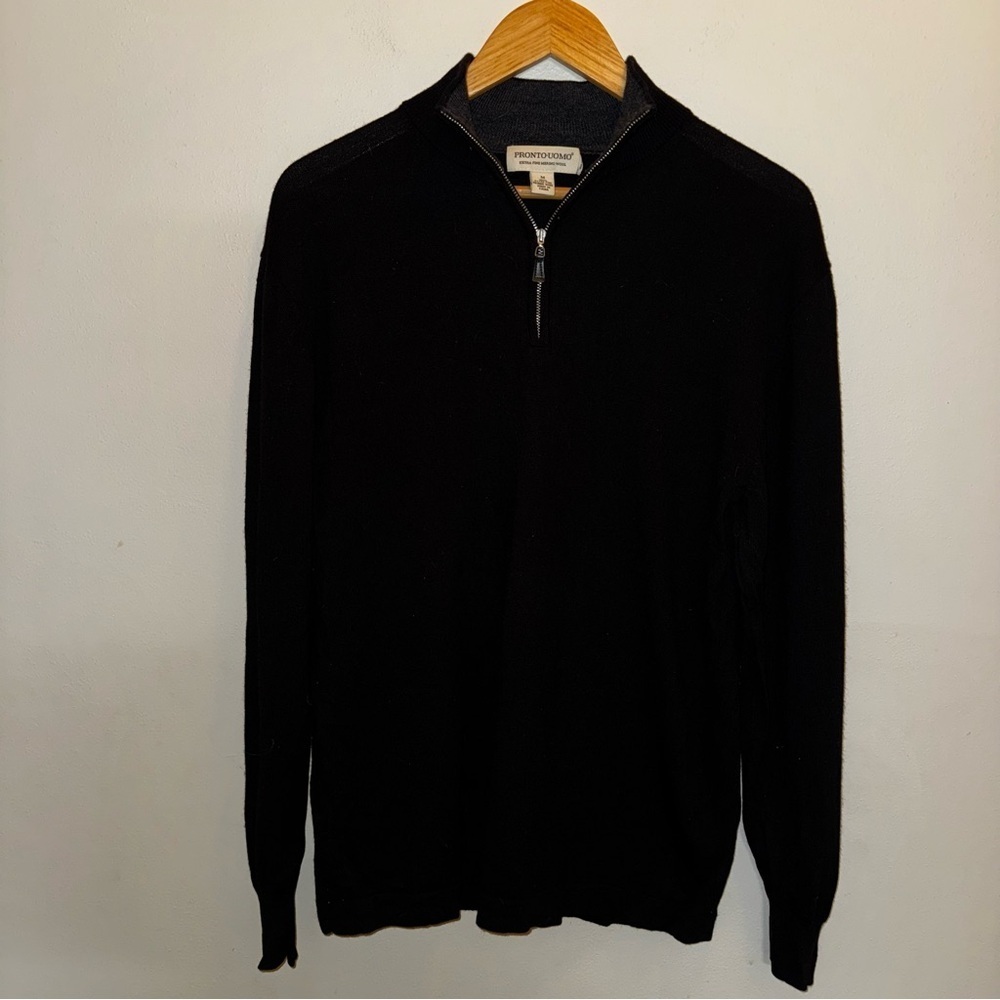 Pronto-Uomo Extra Fine Merino Wool Black Quarter Zip-Up Sweater Men’s Medium